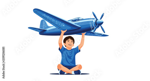 Happy young boy sitting on the floor and lifting a large blue toy airplane with a joyful expression of wonder.