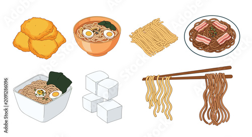 Diverse collection of Asian food items featuring ramen bowls, dumplings, dried noodles, tofu blocks, and chopsticks.