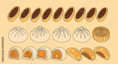 Selection of traditional Chinese pastries and dim sum including mooncakes, dumplings, tarts, and various filled buns.