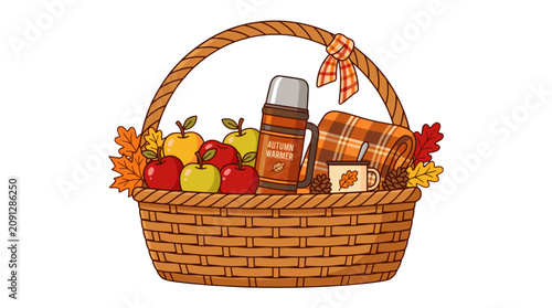 Colorful picnic basket filled with fruits snacks and drinks on a wooden table