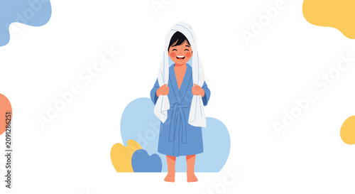 Happy young child wearing a blue bathrobe and a white towel on their head after a refreshing and clean bath time.