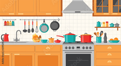 Modern kitchen interior with wooden cabinets, stainless steel stove, and various cooking pots and utensils ready for use.