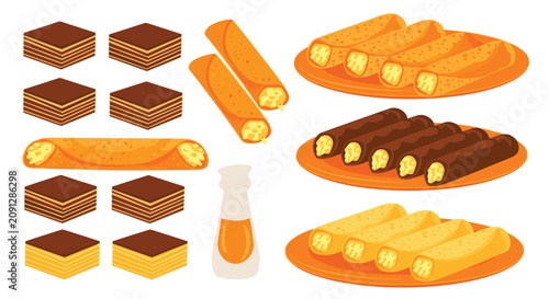 Variety of sweet and savory snacks including chocolate brownies, crepes, and rolled pastries on orange plates.