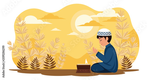 Young boy in a blue robe and white cap praying with an open book in a golden landscape at sunset.