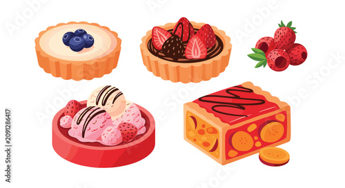 Selection of small fruit tarts and pastries decorated with blueberries, strawberries, and cream.