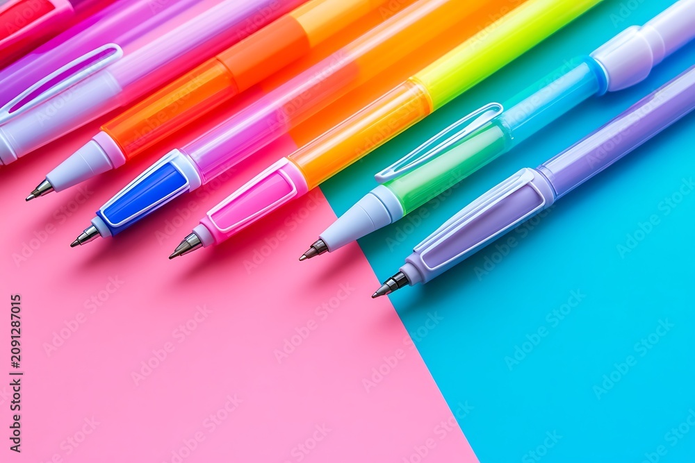 Fototapeta premium Colorful highlighter pens arranged on bright gradient background close up