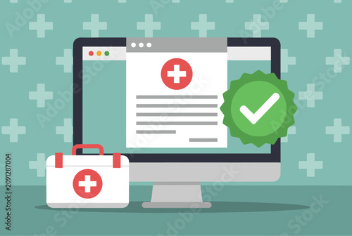Digital health insurance and medical certification concept showing certificate on screen, first aid kit, vector.