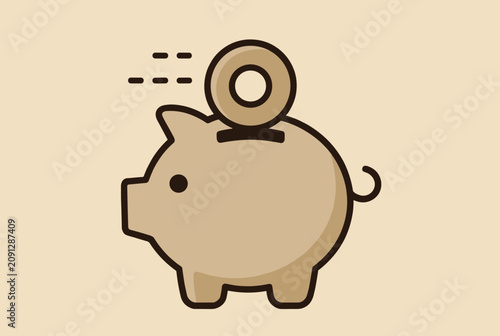 Piggy bank icon with a large gold coin being deposited symbolizing savings, financial planning, and investment.