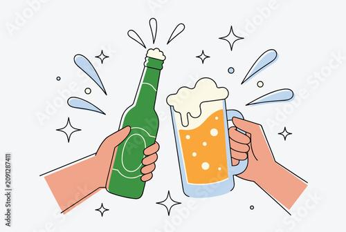Toasting with beer bottle and foaming mug of lager representing celebration, friendship, and festive party vibes.