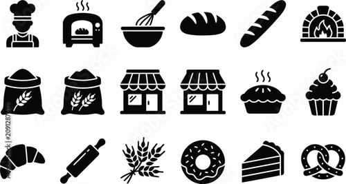 Canvastavla Bakery and Bread Glyph Icons Set with Baking Tools Pastries and Dessert SymbolsB