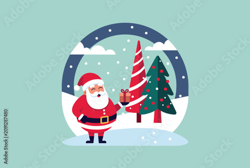 Smiling Santa Claus holding a gift box standing in a snowy circular winter wonderland with evergreen trees.