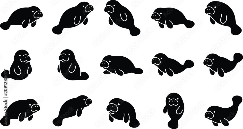 Fototapeta premium Cute Manatee Silhouette Set in Multiple Poses Vector Animal Icon CollectionCute Manatee Silhouette Set in Multiple Poses Vector Animal Icon Collection