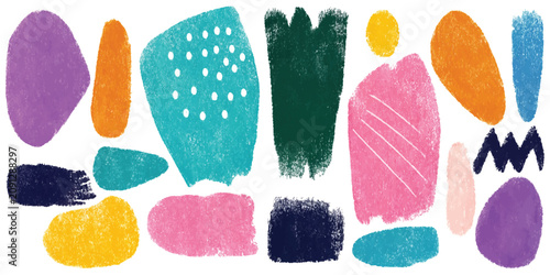 Artistic hand drawn crayon texture shapes and elements with abstract artistic colorful creative childlike isolated contemporary illustration composition decorative backdrop background