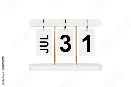 Professional studio shot of a white flip calendar showing July 31. Isolated on white background with clipping path. Perfect for office stationery catalogs, web design, business scheduling themes