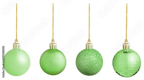 Luxury Green Christmas baubles hanging on strings for holiday design. Festive New Year party decoration collection element template with copy space
