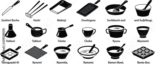 Cuadro en lienzo Traditional japanese ceramic tableware and utensils set, black and white japanes