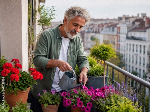 Mature man watering vibrant flowers on urban apartment balcony, enjoying relaxing gardening hobby