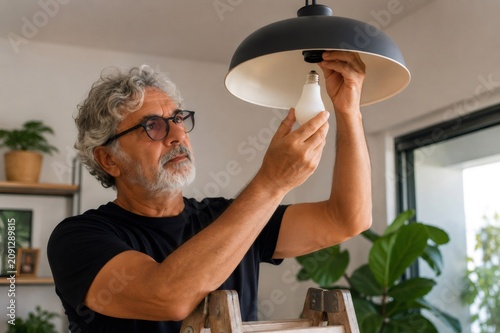 Mature man changing traditional light bulb with new LED, performing home improvement for energy efficiency
