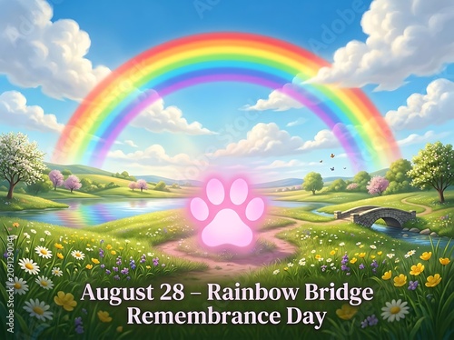 Colorful rainbow bridge remembrance day illustration with paw print and serene nature landscape scene