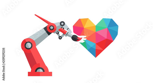 Robotic Arm Painting a Colorful Low Poly Heart - AI Generative Art and Digital Creativity Concept Vector Illustration