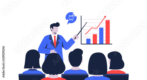 Business Seminar Presentation Vector Illustration with Speaker Showing Growth Data and Sales Analytics Chart to Audience