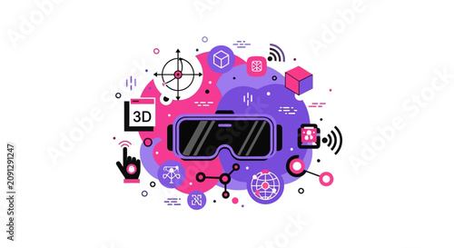 Virtual Reality and Metaverse Technology Concept Illustration with VR Headset and 3D Modeling Icons