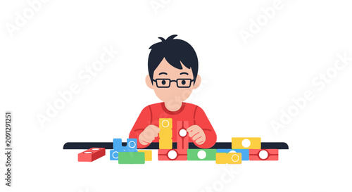 Young boy with glasses playing with colorful building blocks, flat vector illustration of child development and educational play concept