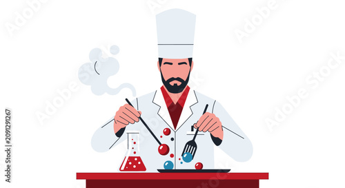 Professional Chef Performing Molecular Gastronomy with Laboratory Glassware, Modern Culinary Innovation and Food Science Illustration