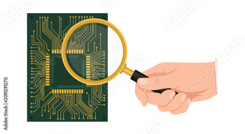 Hand Holding Magnifying Glass Inspecting Electronic Circuit Board and Microchip, Vector Illustration of Technology Quality Control and Hardware Engineering Audit Concept