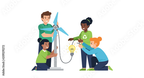 Diverse Group of Children Learning About Renewable Energy with Wind Turbine and Light Bulb, STEM Education and Sustainability Concept Illustration