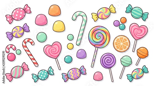 A vibrant collection of colorful cartoon candies, lollipops, candy canes, and sweets arranged neatly on a plain white background.