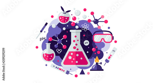 Flat Vector Illustration of Chemistry Laboratory Equipment with Flasks, Beakers, Molecules, and Scientific Tools for Research and Education Concept