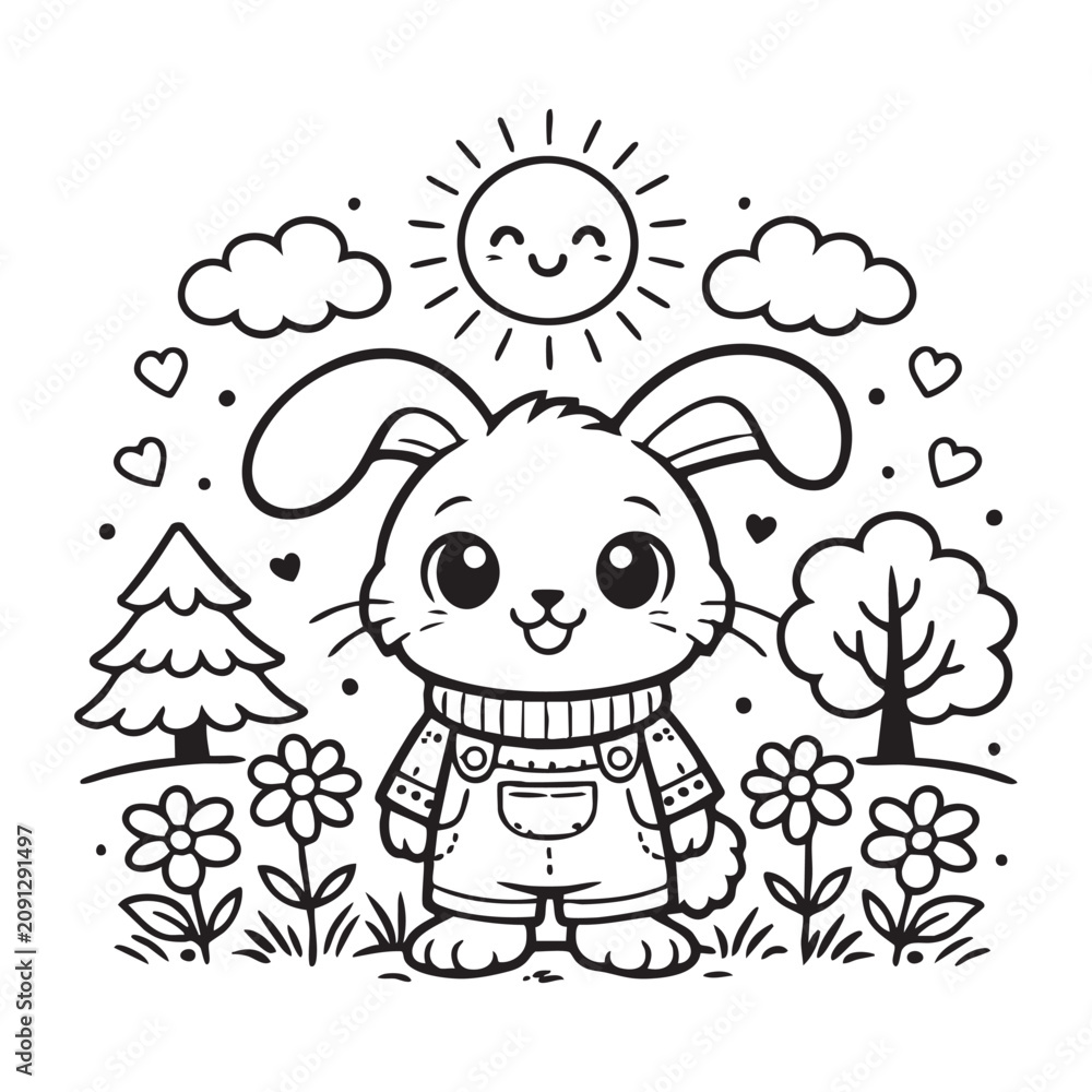 Fototapeta premium Cute bunny in garden coloring page