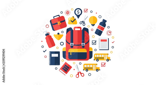 Back to School Flat Vector Illustration with Backpack, School Bus, and Educational Supplies on White Background