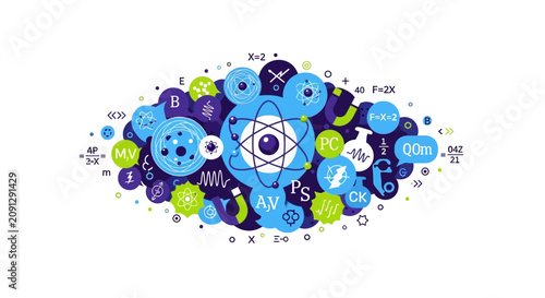 Scientific Education and Physics Concept Illustration with Atom Models, Mathematical Formulas, and Laboratory Icons on White Background