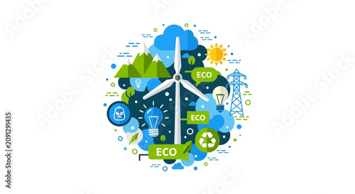 Renewable Energy and Ecology Concept Vector Illustration with Wind Turbine, Solar Power, and Recycling Symbols