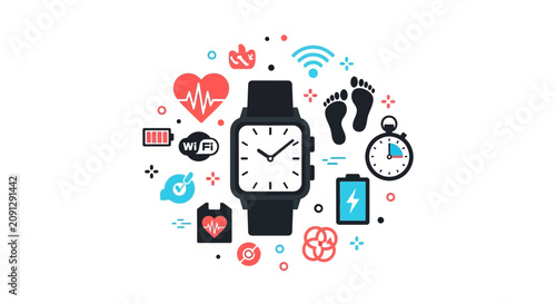 Smartwatch Illustration with Fitness and Health Tracking Icons, Flat Vector Design for Wearable Tech and Wellness Monitoring