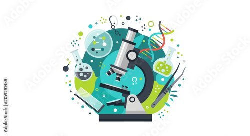 Modern Science and Biotechnology Laboratory Illustration with Microscope, DNA Helix, and Chemistry Glassware