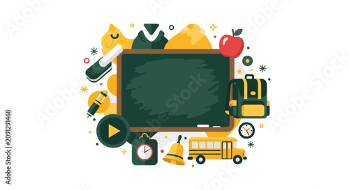 Back to School Education Concept Illustration with Blank Green Chalkboard, School Bus, Backpack, Apple and School Supplies on White Background
