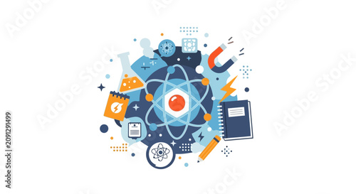 Science and Physics Education Illustration Featuring Atom, Laboratory Equipment, and STEM Symbols