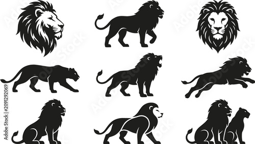 Canvas Print Black Lion Silhouette and Mascot Vector Icon Set Featuring Majestic Wild Cat Pos
