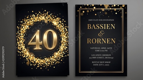 Elegant 40th anniversary or birthday invitation card template featuring luxury gold glitter confetti graphics over a chic matte black background.