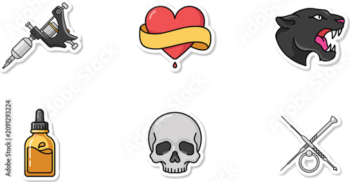 Photography Traditional Tattoo Sticker Vector Icon Set with Machine, Heart Banner, Black Pan