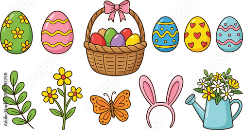 Canvastavla Cute hand drawn Easter icon set with colorful painted eggs basket bunny ears hea