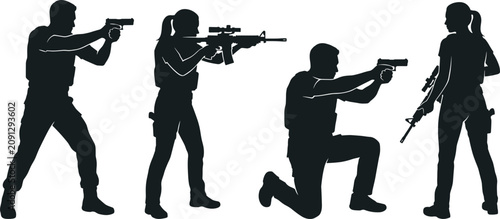 Konstfotografi Tactical Police and Military Silhouette Vector Set with Armed Special Forces Off