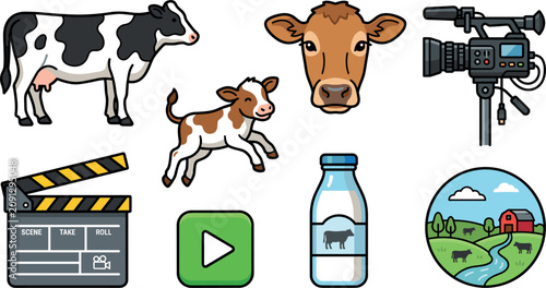 Dairy Farm Video Production and Media Icon Vector Set Featuring Holstein Cow Cute Calf Camcorder Clapperboard and Milk Bottle Graphic ElementsDairy Farm Video Production and Media Icon Vector Set Feat
