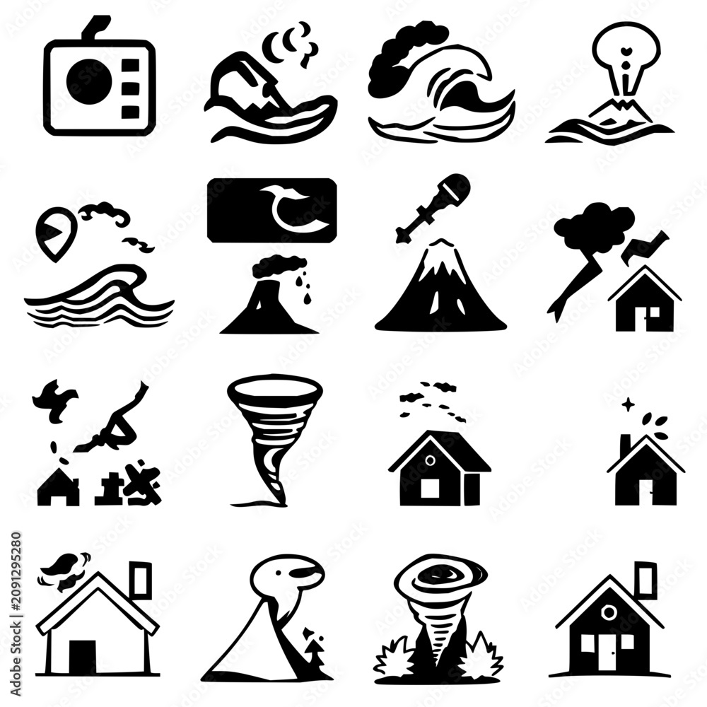 Fototapeta premium Disaster icons set with black and white vector icons arranged in a 4x3 grid featuring earthquake, tsunami, volcanic eruption with natural disasters and emergency