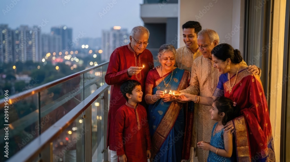 Fototapeta premium Indian family celebrating Diwali on a city balcony.