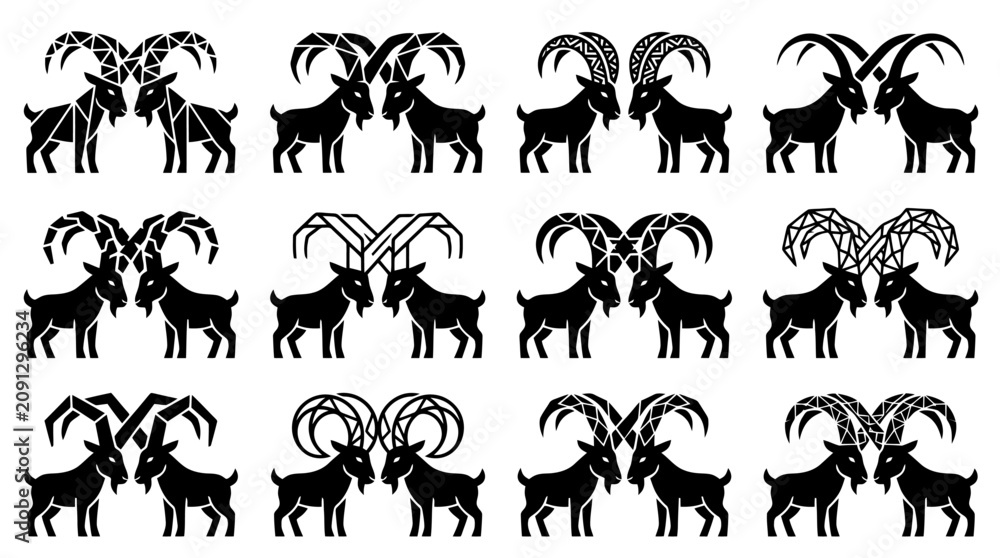 Naklejka premium Collection of various goat silhouettes standing.
