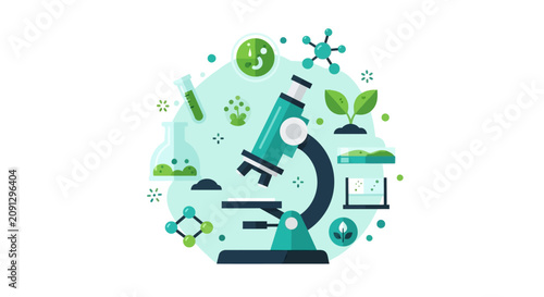 Scientific Research and Biotechnology Flat Vector Illustration featuring Microscope, Laboratory Glassware, Molecules, and Plant Growth Concepts